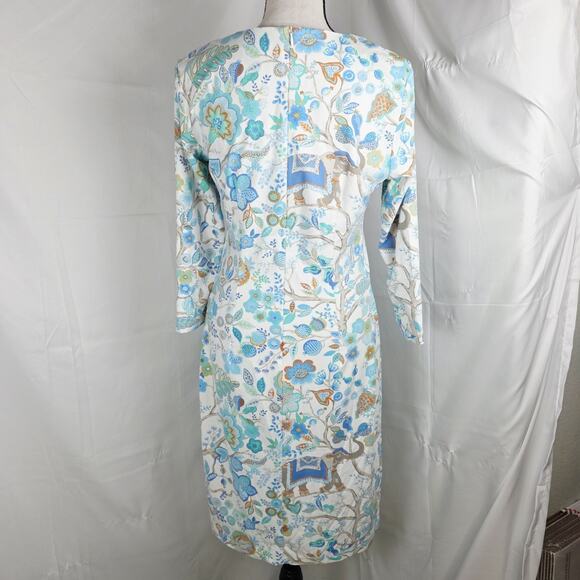 J.McLaughlin Dress Women XS White Blue Floral Long Sleeve A-Line Midi Retro - Picture 4 of 9
